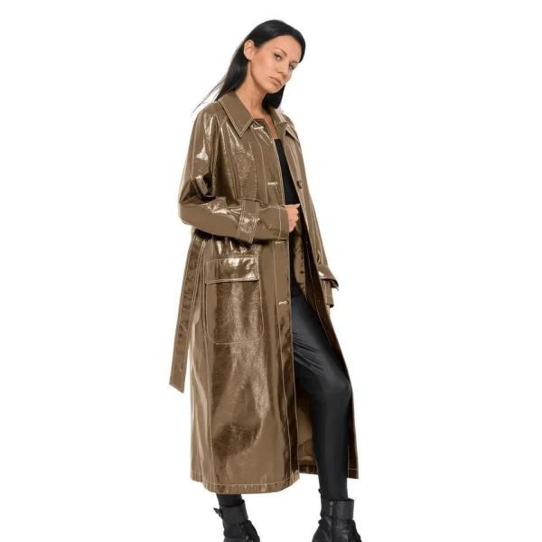                  Wine Red Trench Women′s Slim Motorcycle PU Leather Coat Long Slim with Belt Women′s Leather Trench Coats             