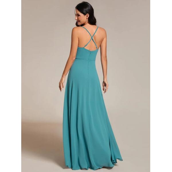 Boat Neck Empire A-line Ruffled Adjustable Spaghetti Strap Zipper Dusty Blue Chiffon Prom Dress