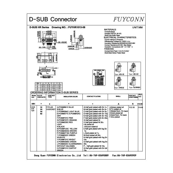 Соединитель DB PCB 15P 26P 44P 62P женского соединителя высокой плотности D-SUB прямоугольный