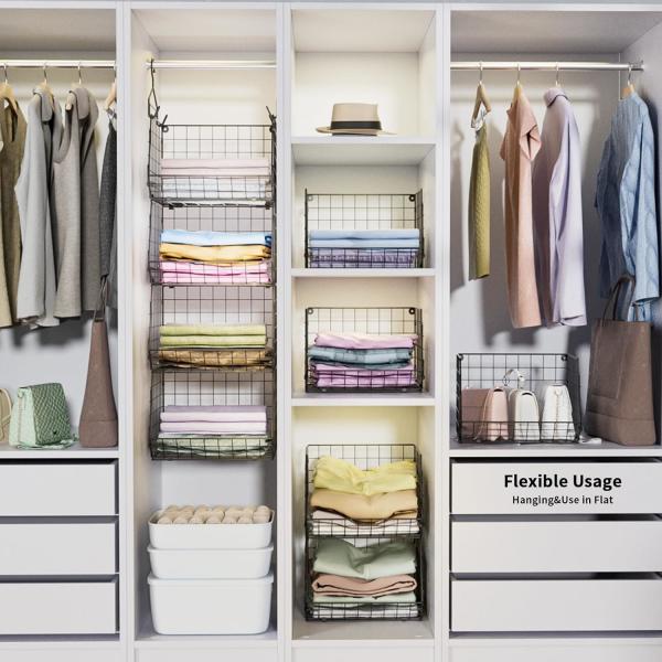 X-COSRACK 4 TIER FOLDABLE CLOSET ORGANIZER, CLOTHES SHELVES WITH 5 S HOOKS, WALL MOUNT&CABINET WIRE STORAGE BASKET BINS,