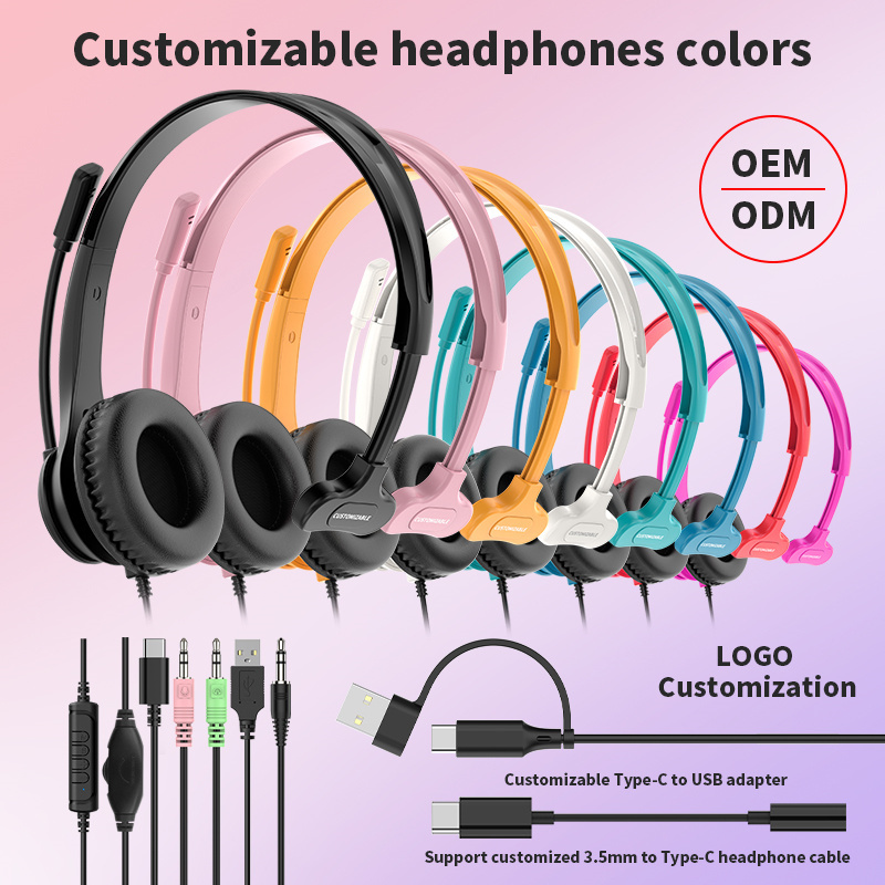 JTY-1225 Head mounted wired headphones with microphone, desktop laptop, online learning, office, customer service, call headset 3.5mm/Type-C/USB plug, supporting OEM/ODM customization service