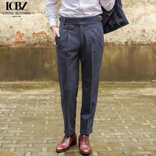 British Herringbone Vintage Woolen Casual Trousers Straight Hemmed Classic Men's Suit Trousers