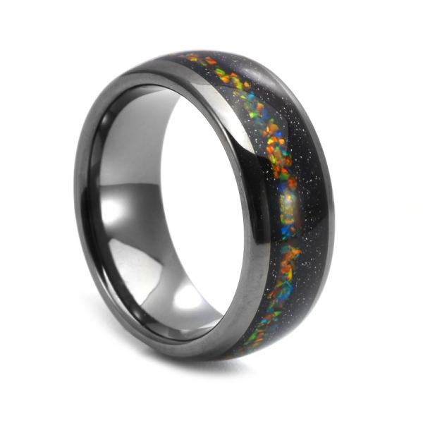 Bagues Nébuleuse Dôme Argent 8mm Tungstène Opale Colorée Incrustation Bague Anneau de Mariage Galaxie Incrustation de Pierre de Sable Bleu pour Hommes