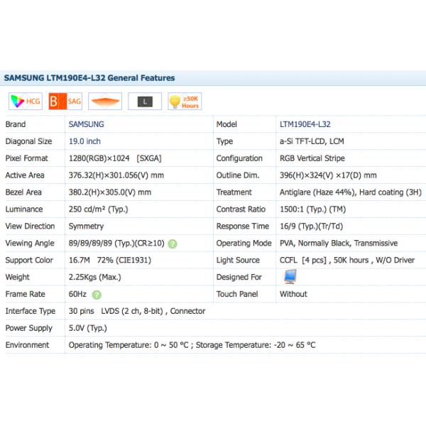 250 Nightness Flat Lcd Panel , 19.0'' Computer Lcd Display LTM190E4-L32 SAMSUNG 1440X900