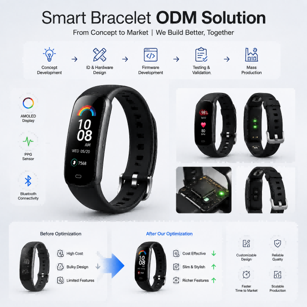 Smart Bracelet ODM Solution Health Fitness Tracking Wearable with AMOLED Display PPG Sensor Bluetooth Connectivity