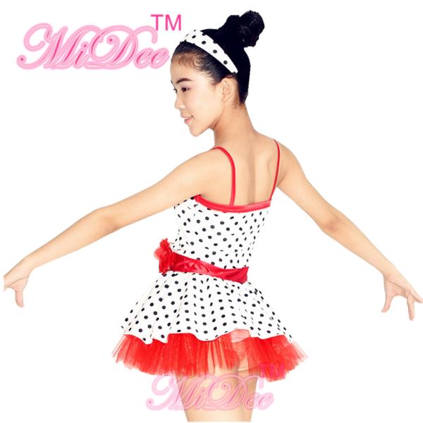 Lycra Kids Dance Clothes Red White Polka Dot Dance Dress With Flowers Trim