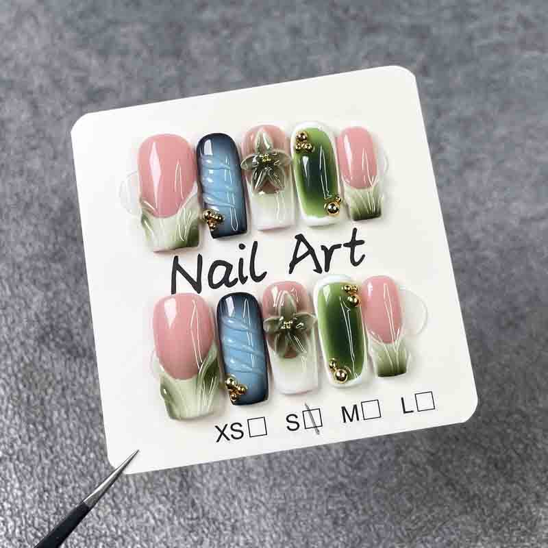 Wholesale Medium Square Handmade Fake Nails Spring Tulip 3D Floral Gold Bead Decor