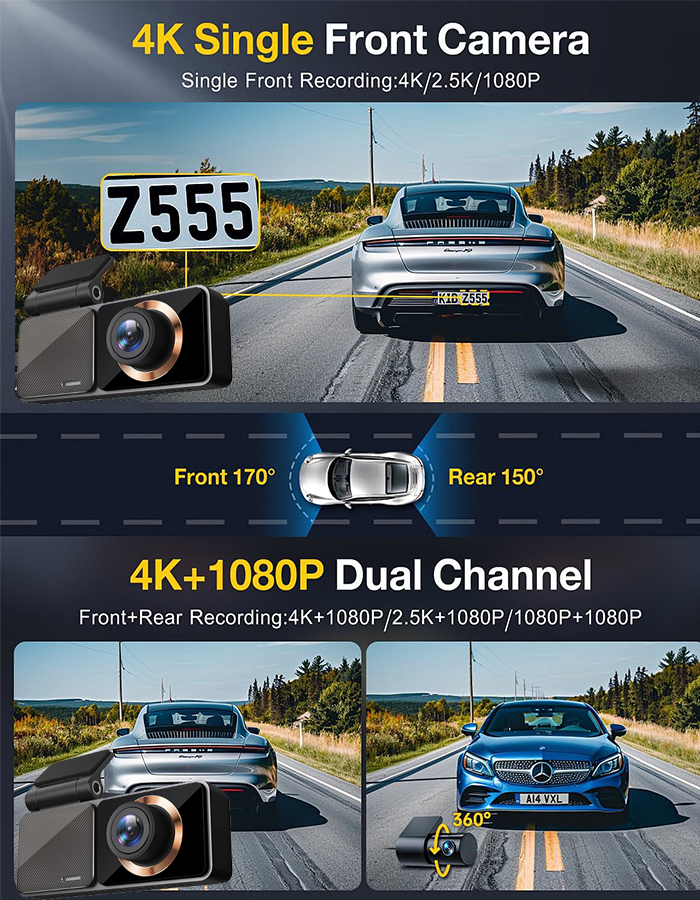 3.2 Inch Touch Screen Dash Cam 4K Front 1080P Rear With WiFi GPS ADAS Smart Driving Assist
