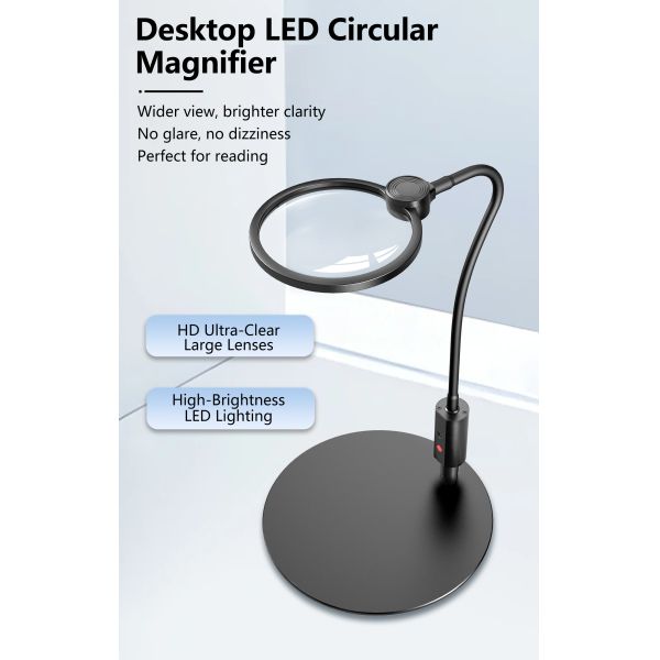 Desktop Round Magnifier With Infinity Dimming LED Lights and HD PMMA Lens Low Vision Reading and Inspection