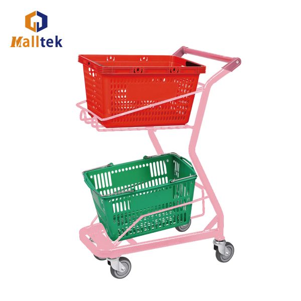 Pink Metal Supermarket Shopping Trolley With Two Baskets For Retail Grocery Store
