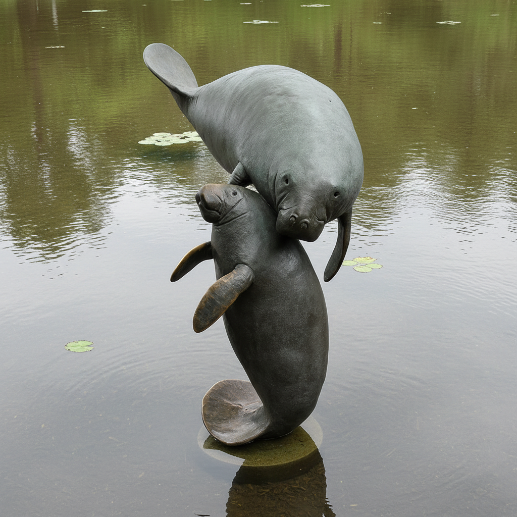 Large Bronze Manatee Mother and Baby Sculpture Marine Animal Coastal Garden Outdoor Art Statue
