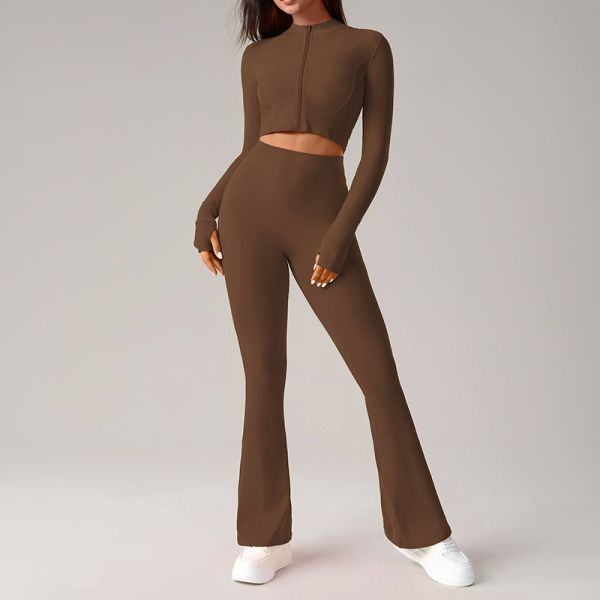 Zip Up Cropped Women Activewear Tops Long Sleeve Flared Leggings Set High Waisted