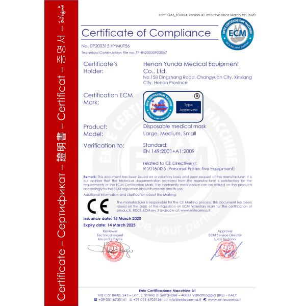 Disposable Medical Face Mask CE Certificate