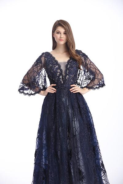 Fishtail Long Prom Party Dress Mermaid Half Sleeves Embroidered Dress