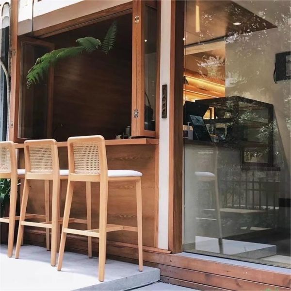 Nordic Modern Coffee Shop Front Counter High bar Stool Garden Courtyard Creative Solid Wood Hand Made Rattan bar Chair