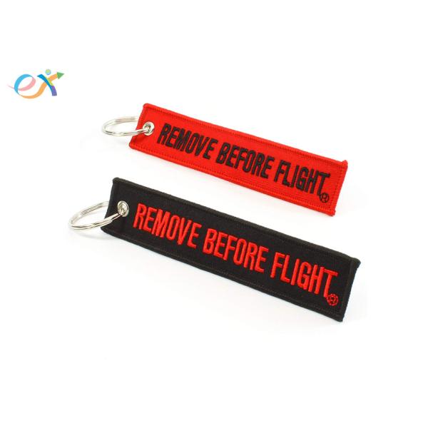 Remove Before Flight Woven Keychain Embroidered Name Keychain Color Black And Red