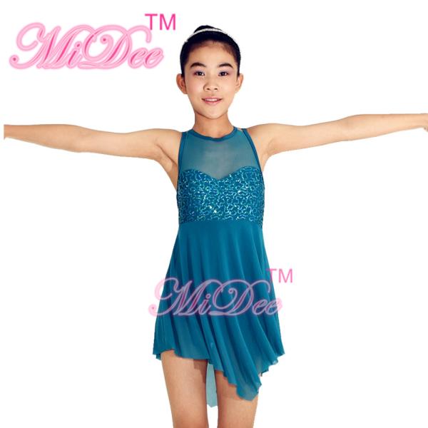 Modern Dance Costumes Sweet Heart Cut Bust Attached With Mesh Neck Tricorn Cut Skirt