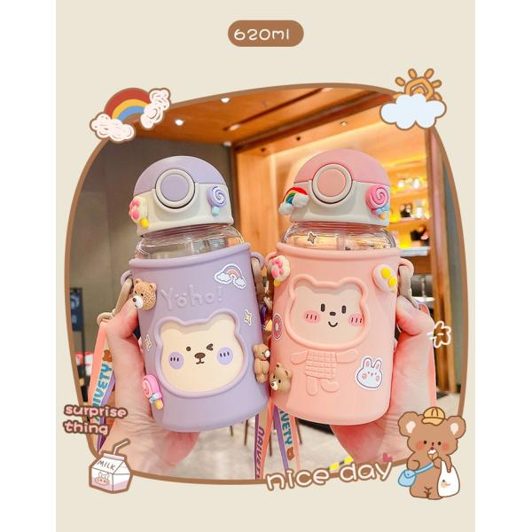 620ml Portable 3D Sticker Plastic Water Bottle Cute Bear Design for Kids and Students