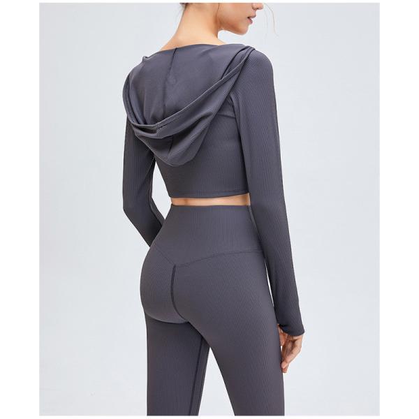 High Waist Ribbed Yoga Clothes Women Long Sleeve Hooded Crop Top Set