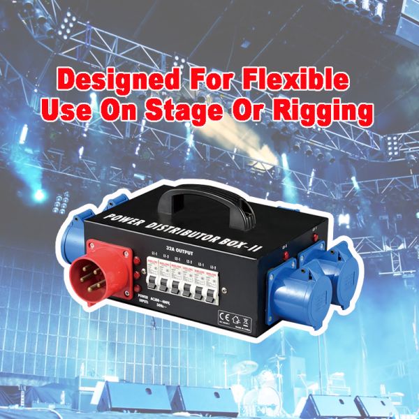 DJ Power Distribution Box 308V 32A 6x16A CEE 3P Outputs Robust Steel Housing EMC/LVD Certified for Events & Performances