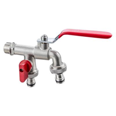 Double Head Water Hose Connector Dual Valve Brass Garden 2 Outlet Bibcock Water Tap