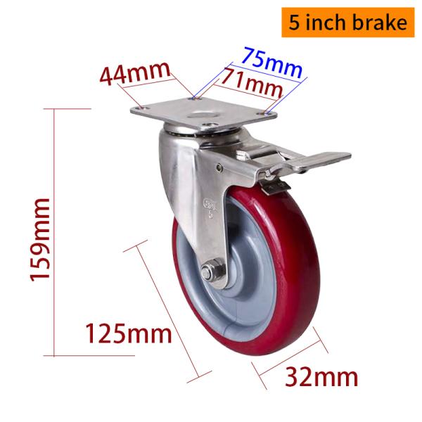 EDL 5Inch Stainless Steel Medium Duty Caster With Red TPU Wheel Loading 150Kg S545P-85