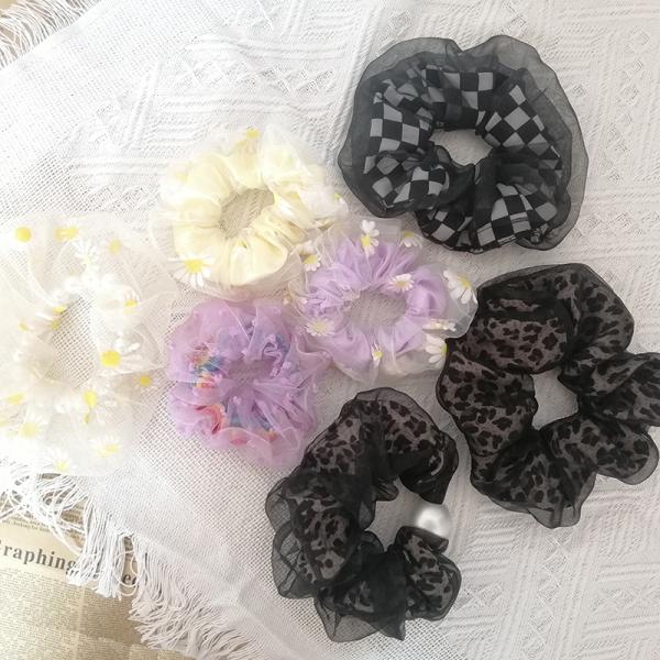Mesh Hair Scrunchies For Curly Hair Korean Double Layer Hair Circle Tulle Ponytail Leopard 14cm