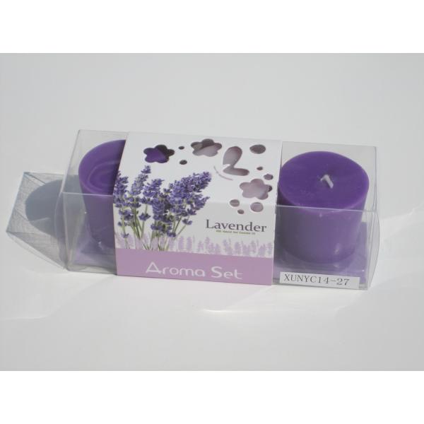 3pk purple & pink lavender fragrance assorted pillar candle with printed wrapping label packed into clear box