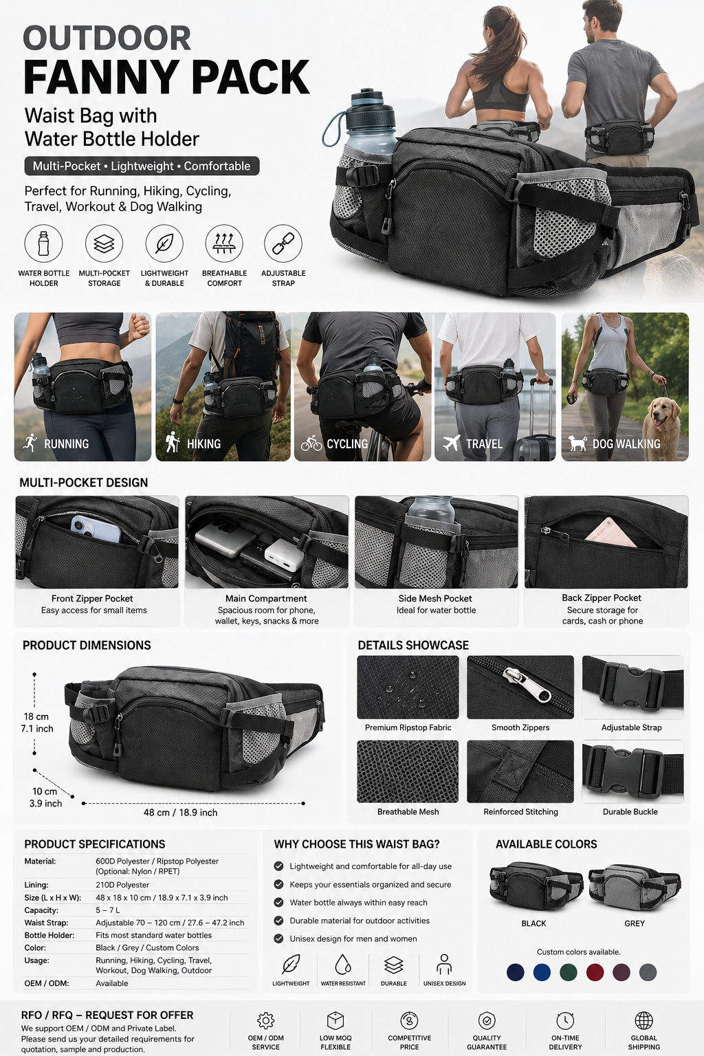 Outdoor Fanny Pack Waist Bag with Water Bottle Holder, Multi-Pocket Running & Hiking Belt Bag for Men and Women, Travel, Cycling & Workout