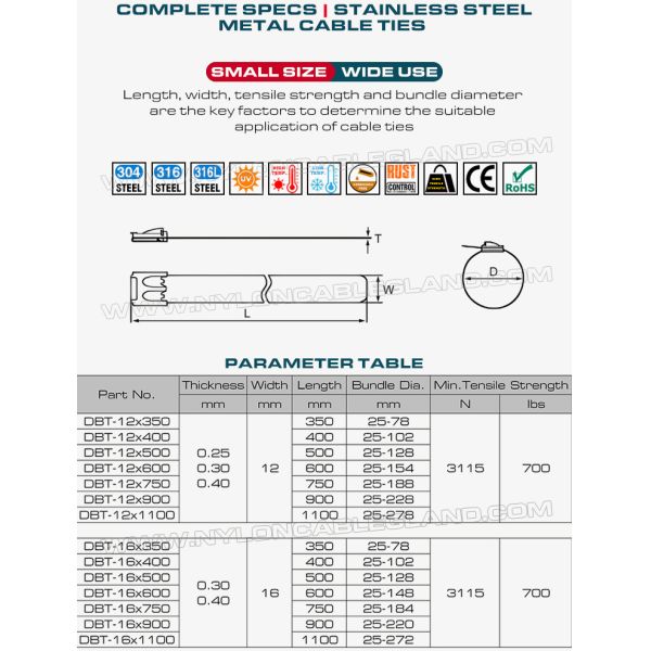 Stainless Steel Cable Ties with Double Ball Lock, 350~1100mm Lengths, 12mm & 16mm Widths, Ø25~278mm