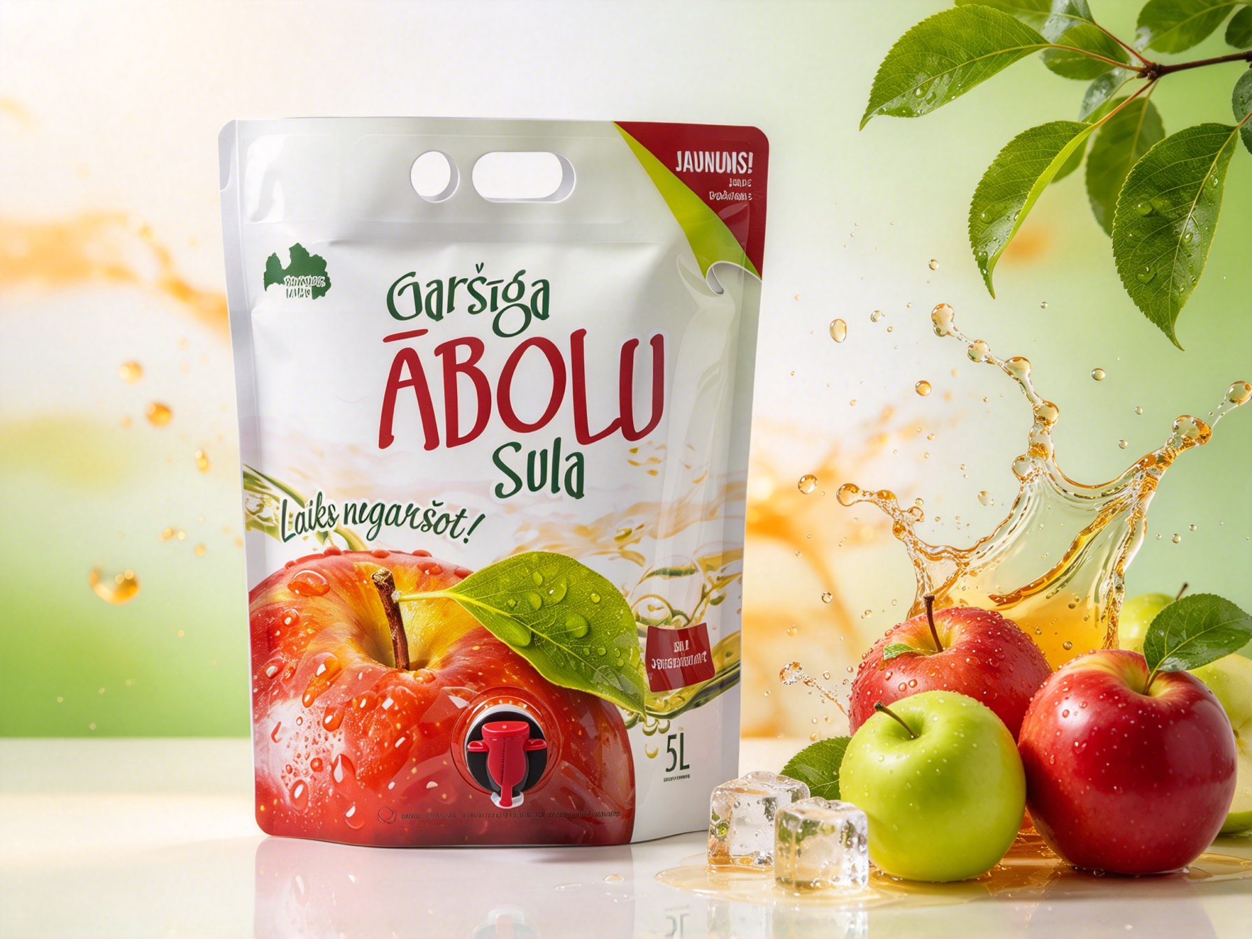 Custom Printed 5L Stand‑up BIB Bag‑in‑Box Pouch with Butterfly Tap & Die Cut Handle for Apple Fruit Juice Beverage Packaging