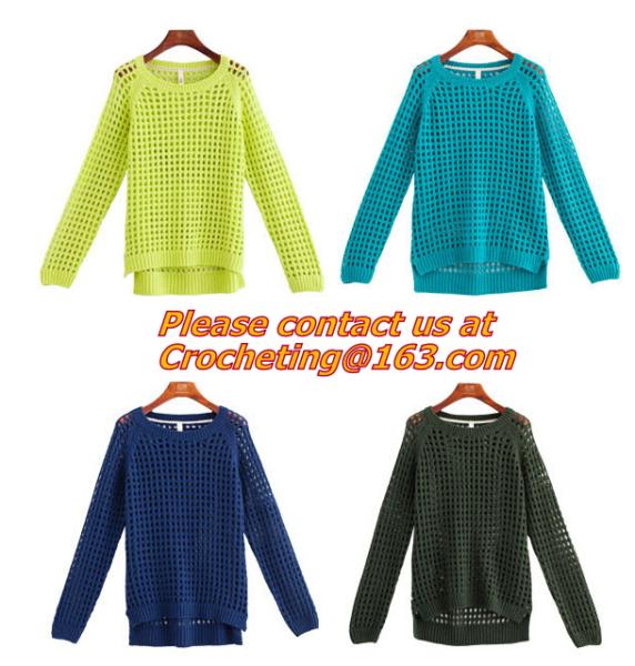 Crochet,Women Loose Crochet Knitted Blouse Wears O-Neck Hollow Pullover Wool Sweaters Top