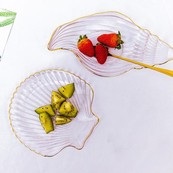 Creative Ocean Style Crystal Glass Shell Plate Decorative Salad Plate With Gold Rim