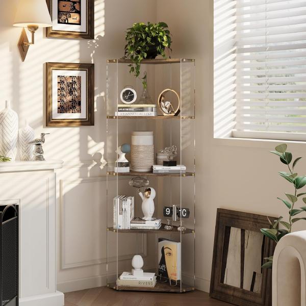 Multipurpose Storage Bookcase with Acrylic and Wooden Corner Display Shelves