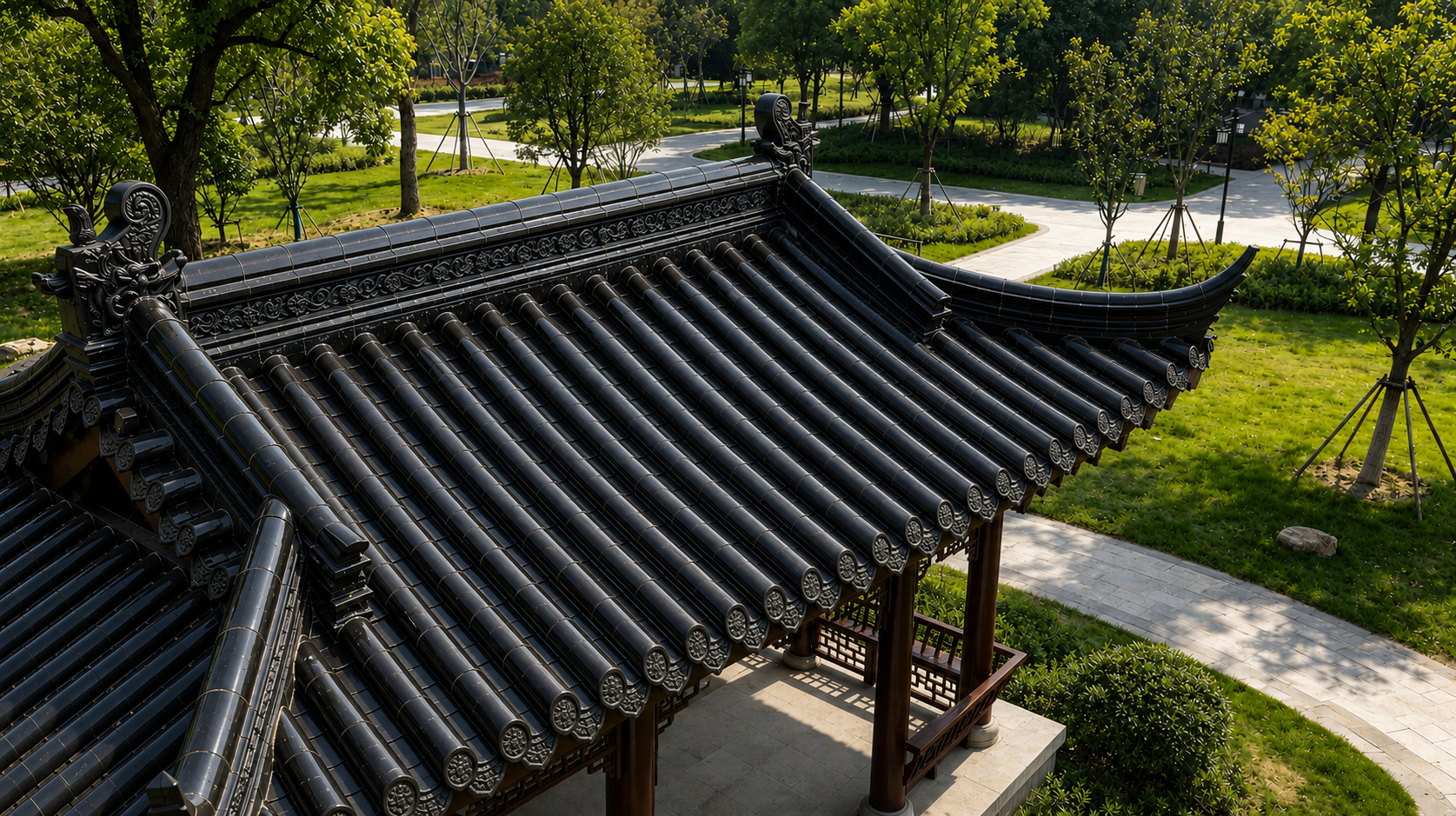 Antique Chinese Style Black Glazed Roof Tile Ceramic Glossing Roofing Bamboo Tiles for Traditional House Temple Gazebo