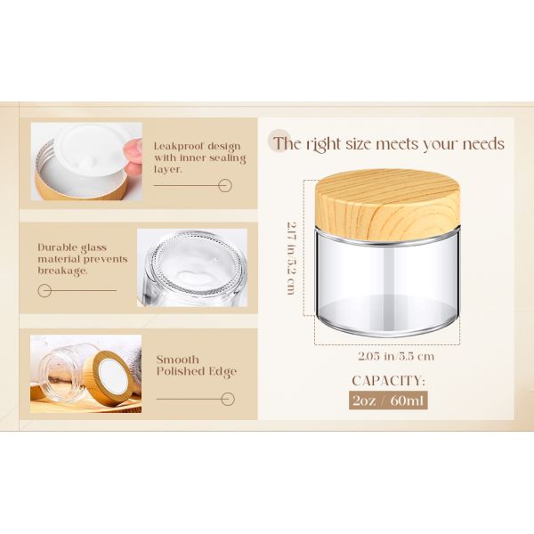 Glass Jars With Lids Clear Small Jars With Plastic Woodgrain Lids, White Labels And Inner Liners Empty Round Cosmetic Containers For Creams Lotions Candle Making (Clear)