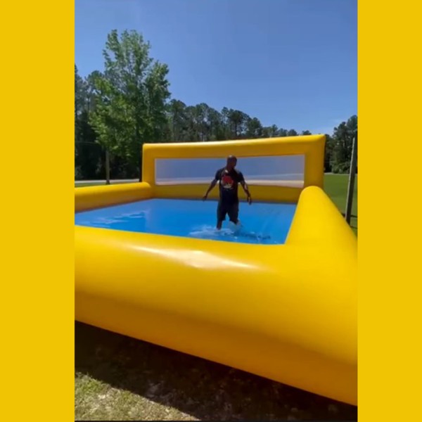 Yellow Inflatable Water Game Court with Blue Pool Floor and Mesh End Panel