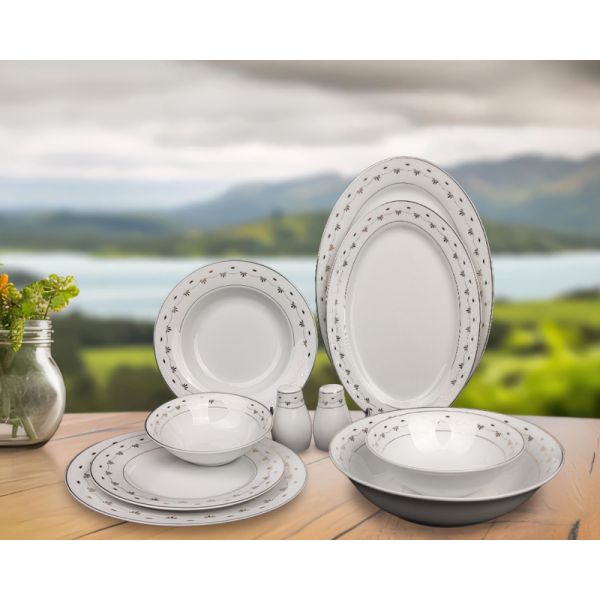 35pcs superwhite porcelain dinning set  with blue embossed flower and gold patterm
