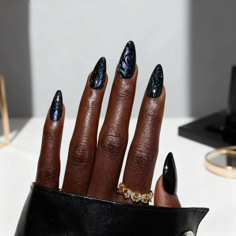 24pcs Blue Black Galaxy Cat Eye Manicure Almond Reusable Fake Nails