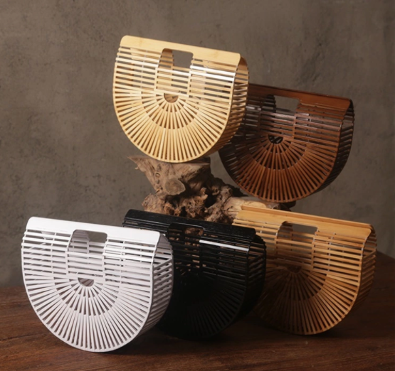 Ins Popular Women Charcoal Rattan Bamboo Clutch Bag , Open Closure Bamboo Handbag