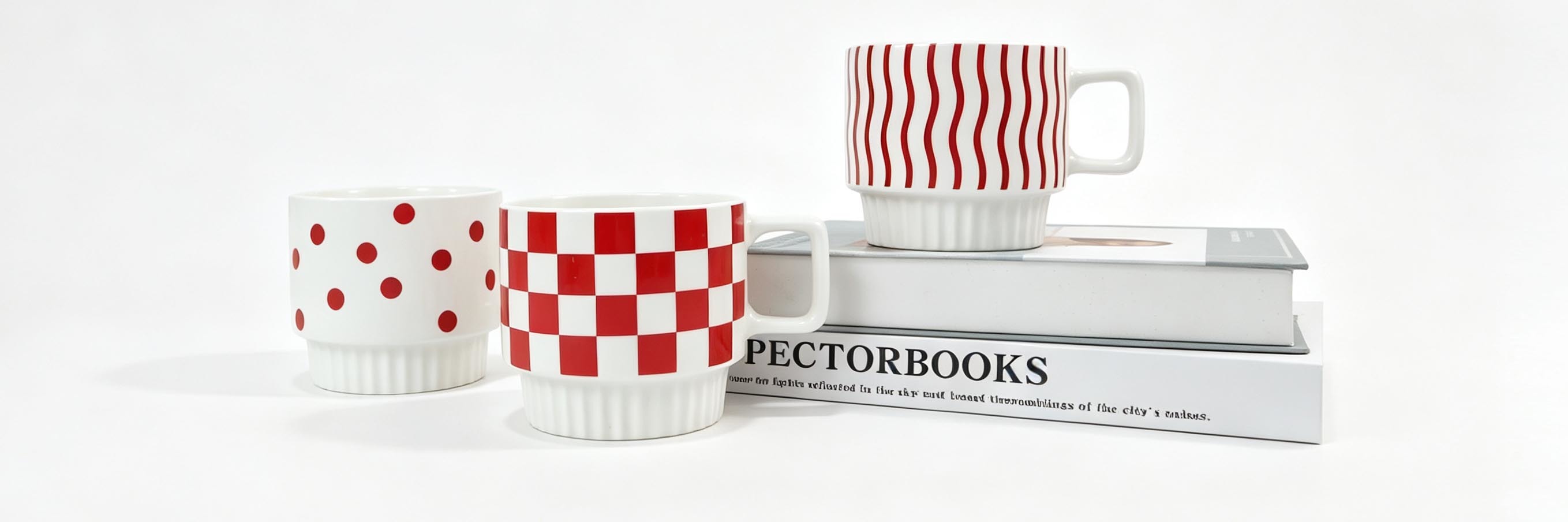 Red & White Geometric Stackable Ceramic Mug Set of 3, Checkerboard Polka Dot Wavy‑Line Coffee Cups with Square Handle