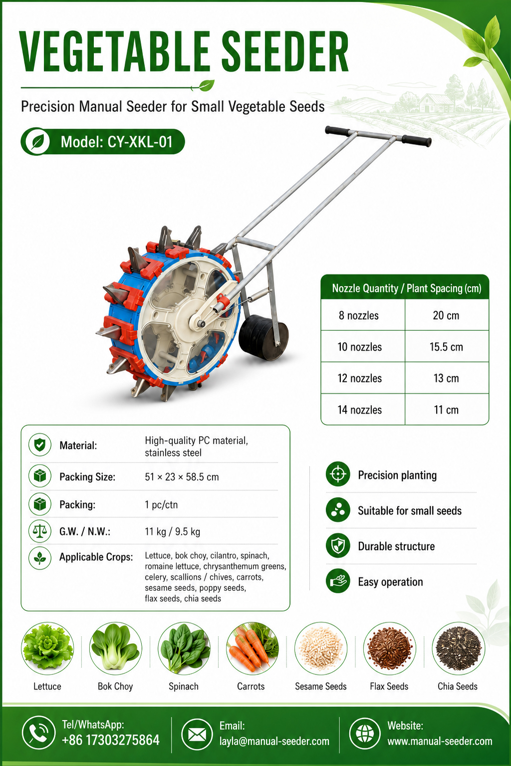 Hand Push Seeder for Uniform Sowing with Labor-Saving Design and Durable Material