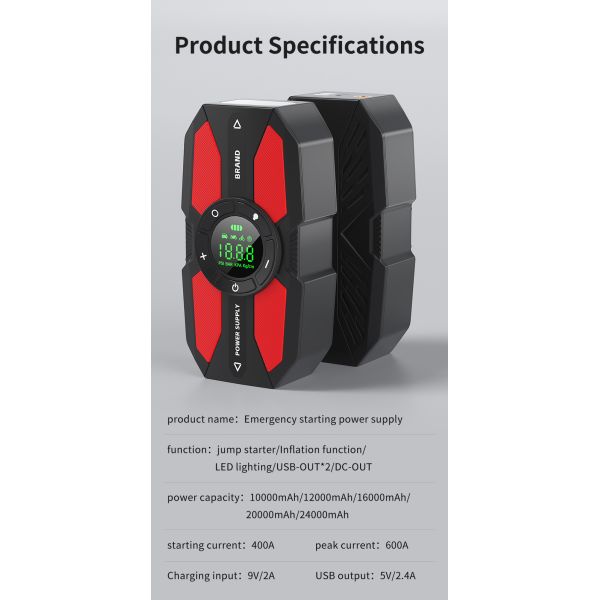 6000mAh - 24000mAh Battery Tire Inflator & Jump Starter With LED Flashlight SOS Light Battery Operated