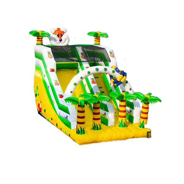 Yellow And Green Inflatable Slide With Tropical Theme And Palm Tree Decorations