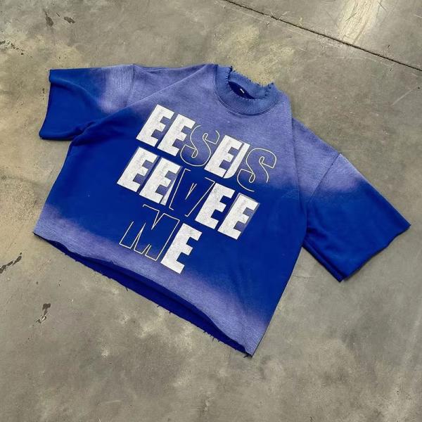 Impresión de pantalla desgarrada con algodón de peso pesado con ácido lavado con impresión de pantalla rasgada Vintage Hip Hop Boxy Fit T-Shirt para hombres