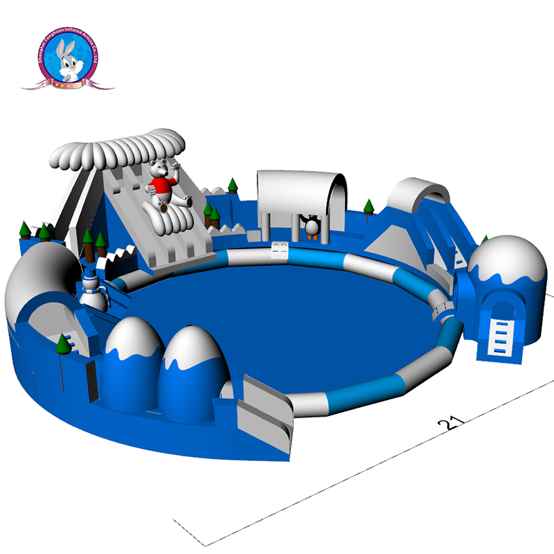 Custom Winter Theme Inflatable Land Water Park with Round Splash Pool Polar Bear Slide Igloo Tunnel and Snowman Decoration Outdoor Rental Project