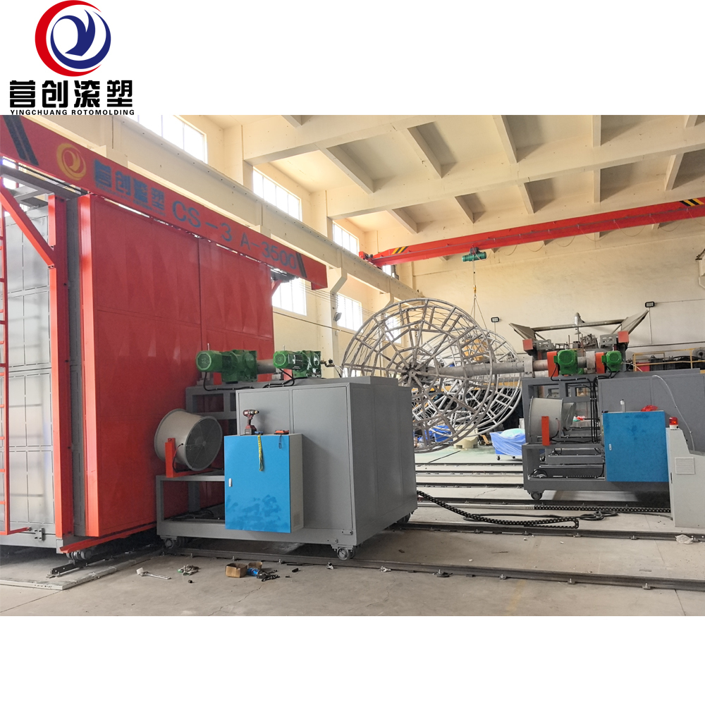YINGCHUANG CS-3A-3500 Track Type Rotational Molding Machine, Automatic Gas Heated Three Arm Rotomolding System For Rotomolded Hollow Plastic Articles
