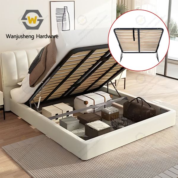 Metal Bed Base Mechanism with Wooden Slats Detachable Storage - Functioned Bedroom Flat Bed Frame.
