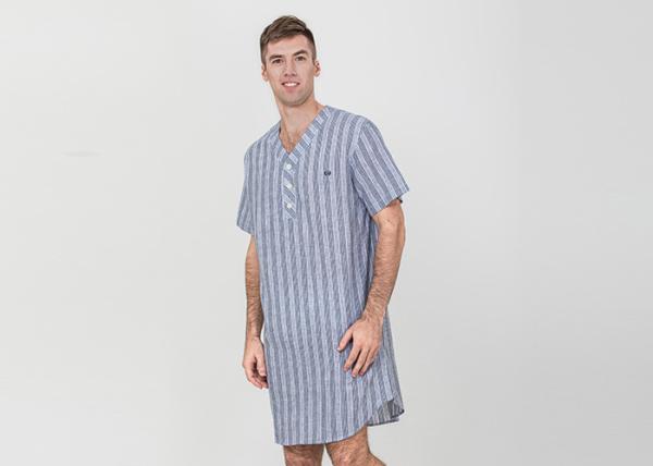 Stripeed Design Mens Short Sleeve Nightshirts Button Placket Embroidery Curved Hem