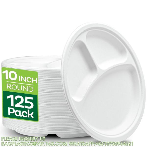 Compostable Disposable Paper Plates 10 Inch Heavy Duty, Eco-Friendly 9 Natural Disposable Paper Plates 3 Compartment